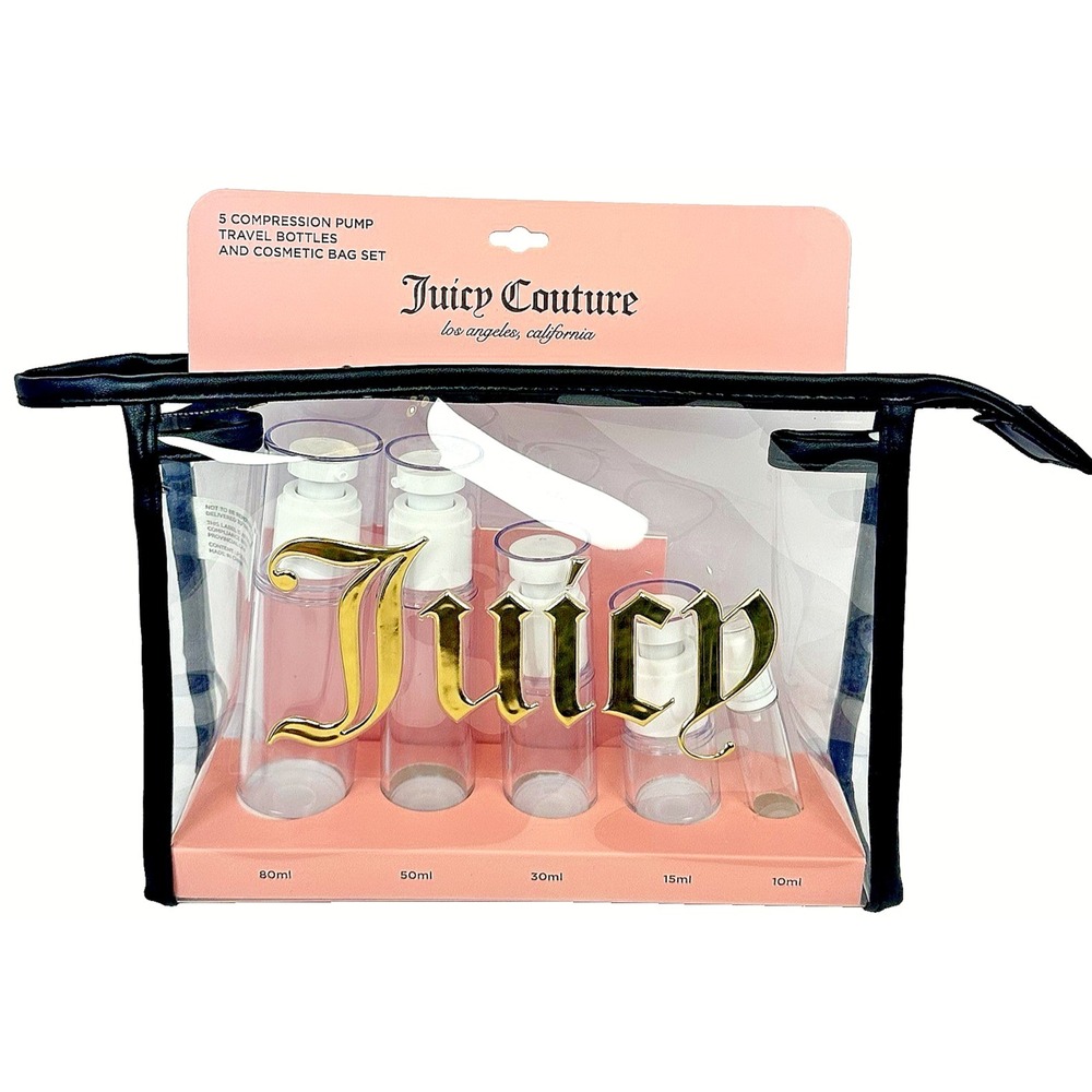 Juicy Couture TSA Approved Travel Bottle Set Clear Cosmetic Bag 5 Bottles
